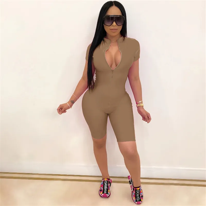 Summer Solid Skinny Playsuit For Women Zipper Closure Stretchy