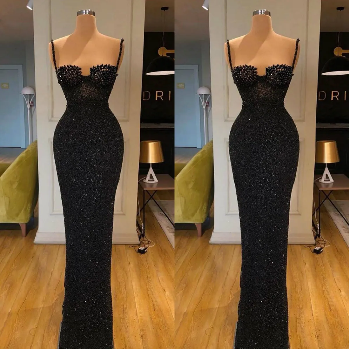 2020 Glitter Sheath Evening Dresses Sequins Spaghetti Beaded Black Floor length Formal Party Gowns Custom Made Long Prom Dress