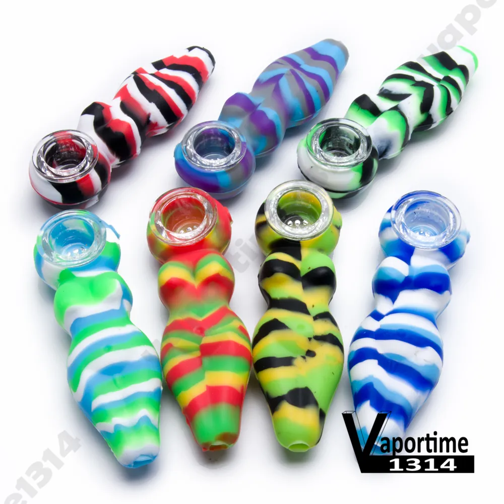 Sexy Woman Smoking Hand Pipe + Glass Dish Length 4.1 Inch Silicone Pipes Fda Herb Dab Rig Water Bong 637