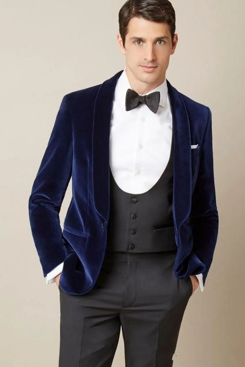 Fashion Groom Tuxedos Navy Blue Velvet Groomsmen Men Wedding Dress