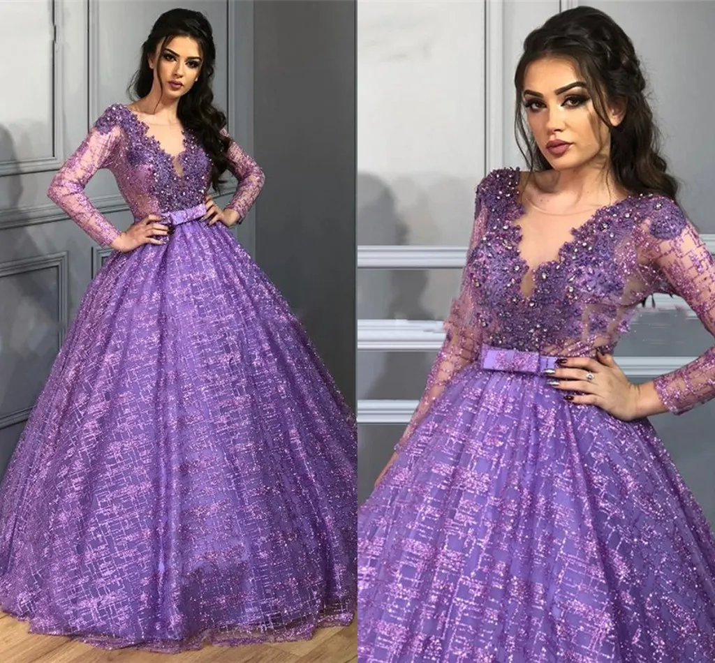 Purple Glitter Tulle Long Sleeve Prom Dresses Ball Gown Lace Crystal Beads Bateau Quinceanera Dress Sweet 16 Girls Formal Party Gowns Long