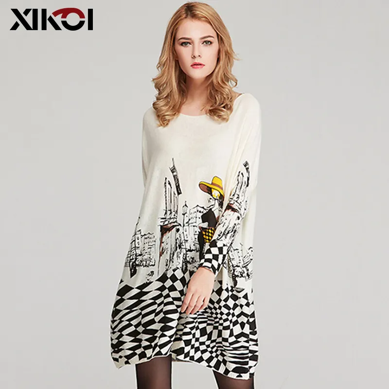 XIKOI Free Size Autumn Women Long Sweaters Slash Neck Batwing Sleeve New Printed Pullovers Female Loose Casual Knitted Sweaters Y190830