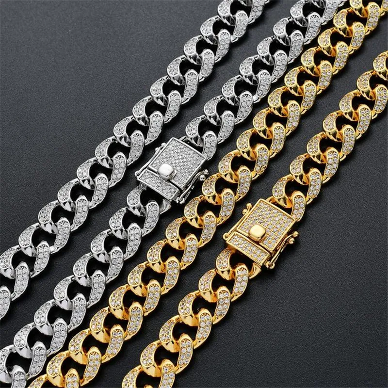 Hiphop Cubaanse Link Kettingen Ketting Mode-sieraden Rhinestones Iced Out Punk Kettingen 12mm Breedte 14K Vergulde Zilveren Bracelet