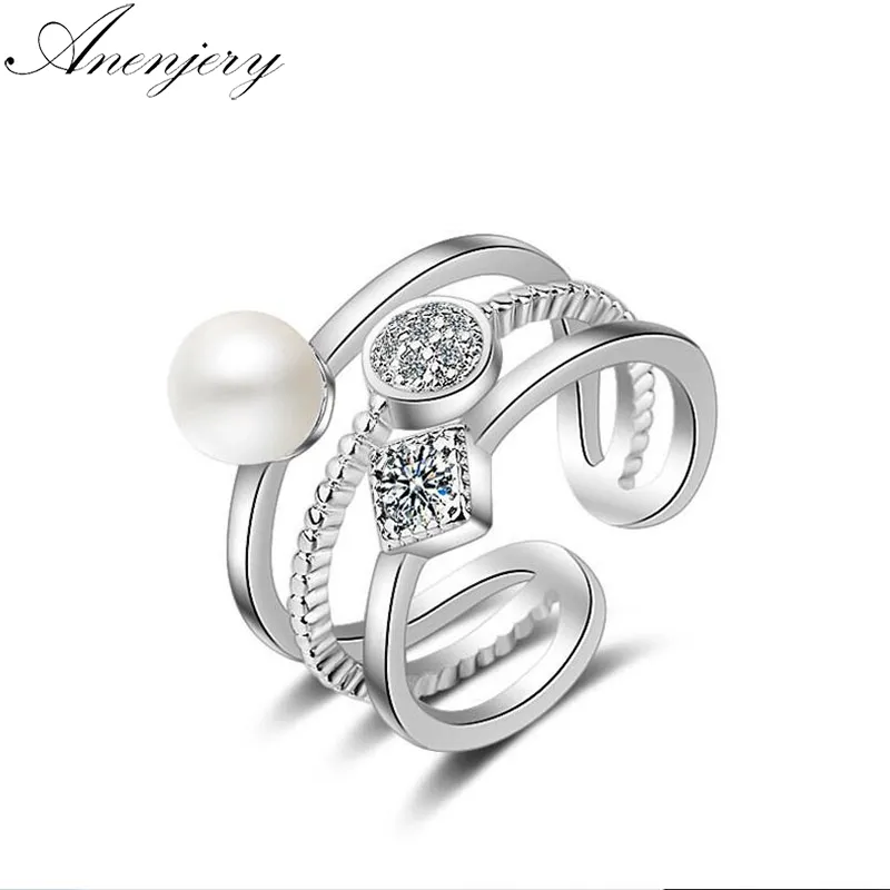 925 Sterling Silver Ring For Women Trendy Multi-layer Pearl Mosaic CZ Zircon Resizable Rings bague femme S-R217