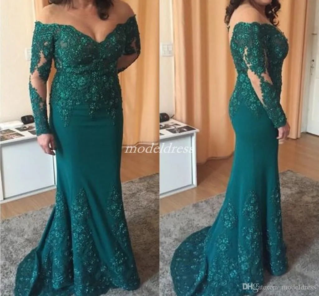 Hunter Green Plus Size Mermaid Mother Of The Bride Dresses Off Shoulder Long Sleeve Evening Gowns Appliques Beads Women Wedding Guest Gowns