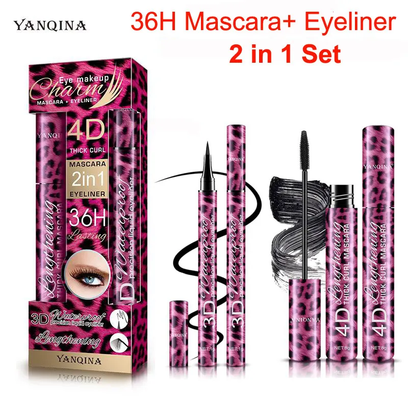 Ögon makeup 36h mascara eyeliner penna kit Yanqina 2 i 1 precision flytande eyeliner 4d tjock curl mascara vattentät långvarig ögonfodral