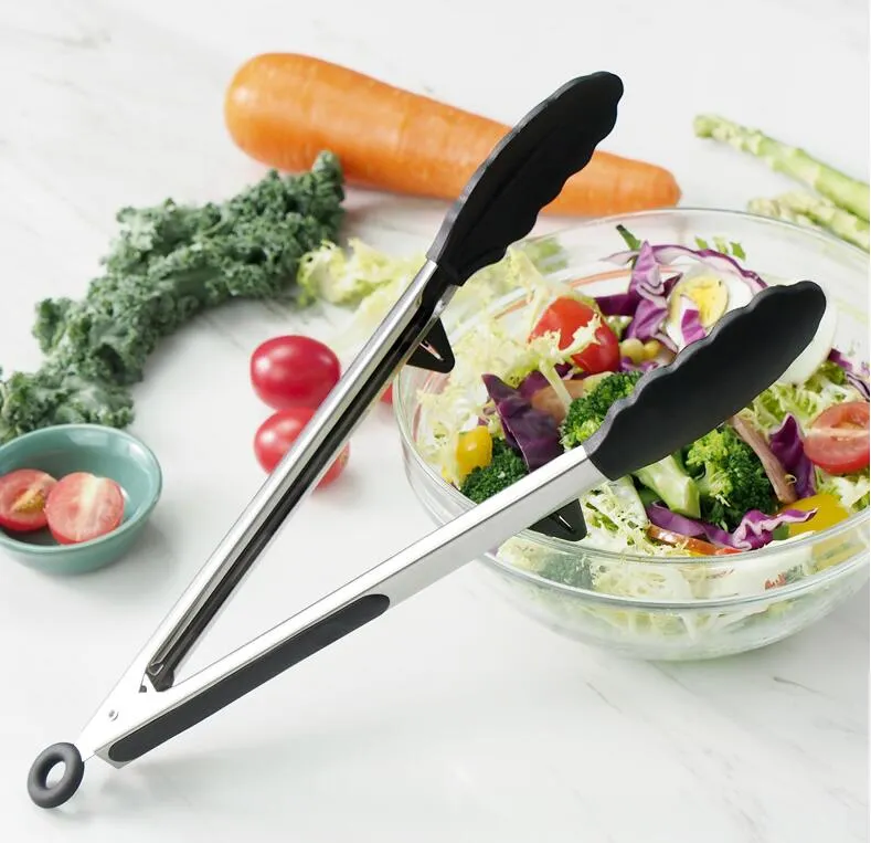 Silicone BBQ Grilling Tong Salad Bread Serving Tongs Non-Stick Kitchen Barbecue Grilling Cooking Tong with Joint Lock Black Red 9" 12"