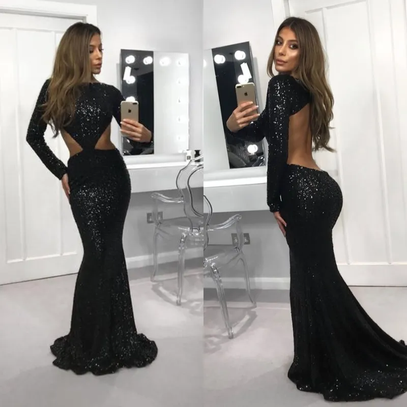 Modest sexig svart sequined prom klänningar 2019 sjöjungfrun långärmad öppen tillbaka formell kväll speciellt tillfälle klänningar långa kjol cutaway sidor