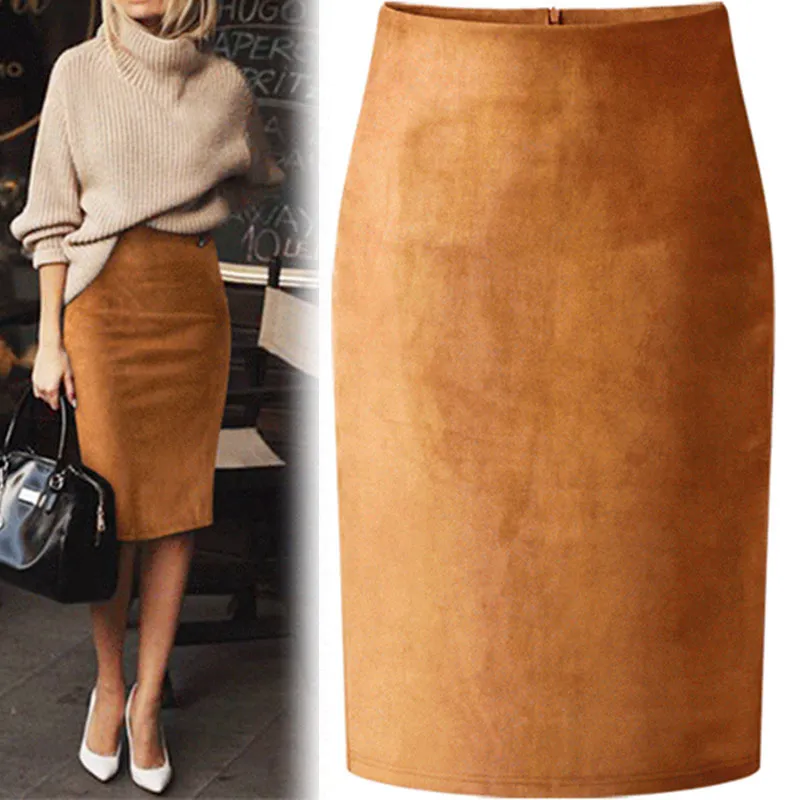 Sexy Multi Color Suede Midi Pencil Skirt Women Fashion Elastic High Waist Office Lady Bodycon Skirts Saias