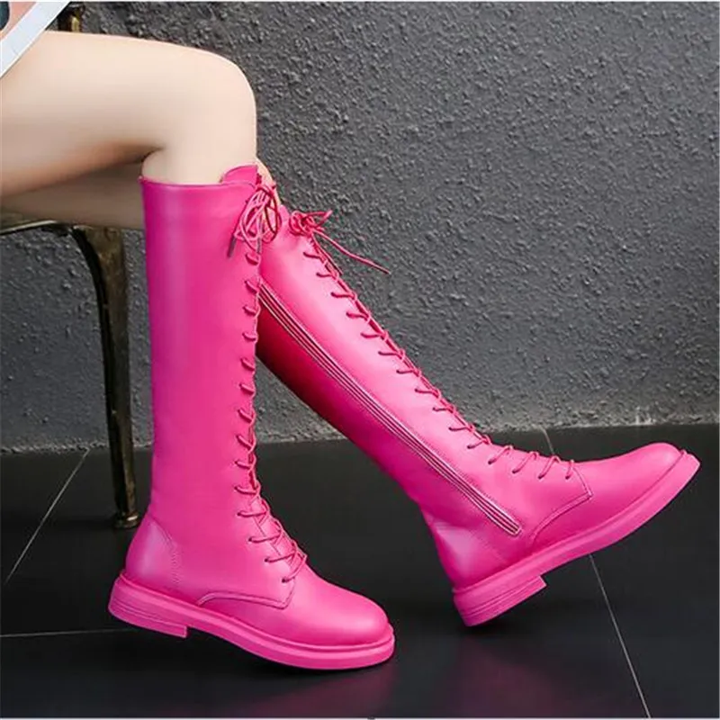 Leather Boots Pink Lace Up Knee High Boots Lash Knee High Boots