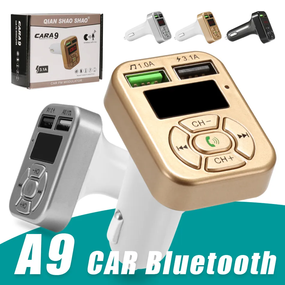 Adaptateur FM A9 Chargeur de voiture Bluetooth Transmetteur FM avec double adaptateur USB Lecteur MP3 mains libres Prise en charge de la carte TF pour iPhone Samsung Universal