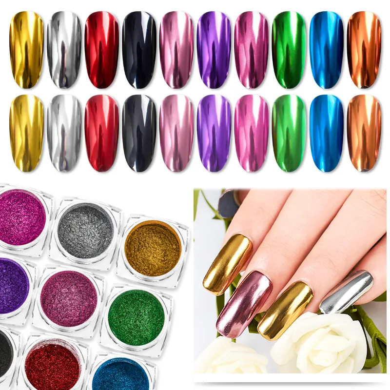 Miroir à ongles poudre de paillettes couleur métallique Nail Art Gel UV polissage flocons de Chrome Pigment poussière décorations manucure