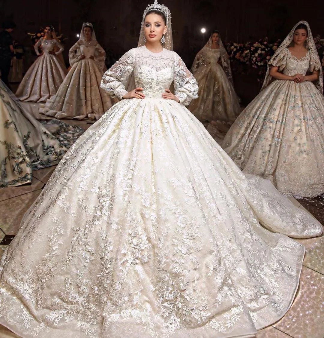 Vestidos de bolas musulmanes de vestidos Falda hinchada de manga larga Cuello de joya con cuello de princesa Garden de bodas de novia de princesas Civil s civil