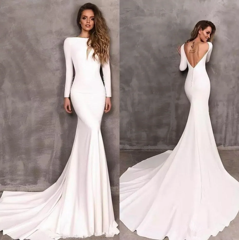 Bescheiden Berta Mermaid Wedding Jurken strekken Satin lange mouwen Backless Backless Bridal Jurys Vestidos de novia eenvoudige trouwjurk