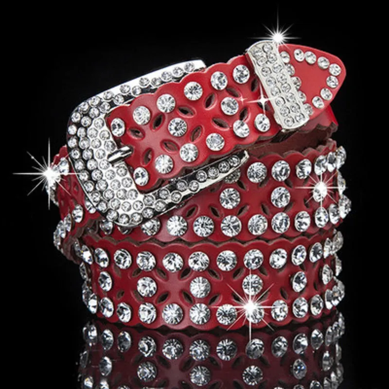 Leidenschaftlicher Verführungsgürtel aus echtem Leder in Rot für Damen mit Diamanten, Zirkon, Mode-Luxus-Designer, 110 cm, 125 cm