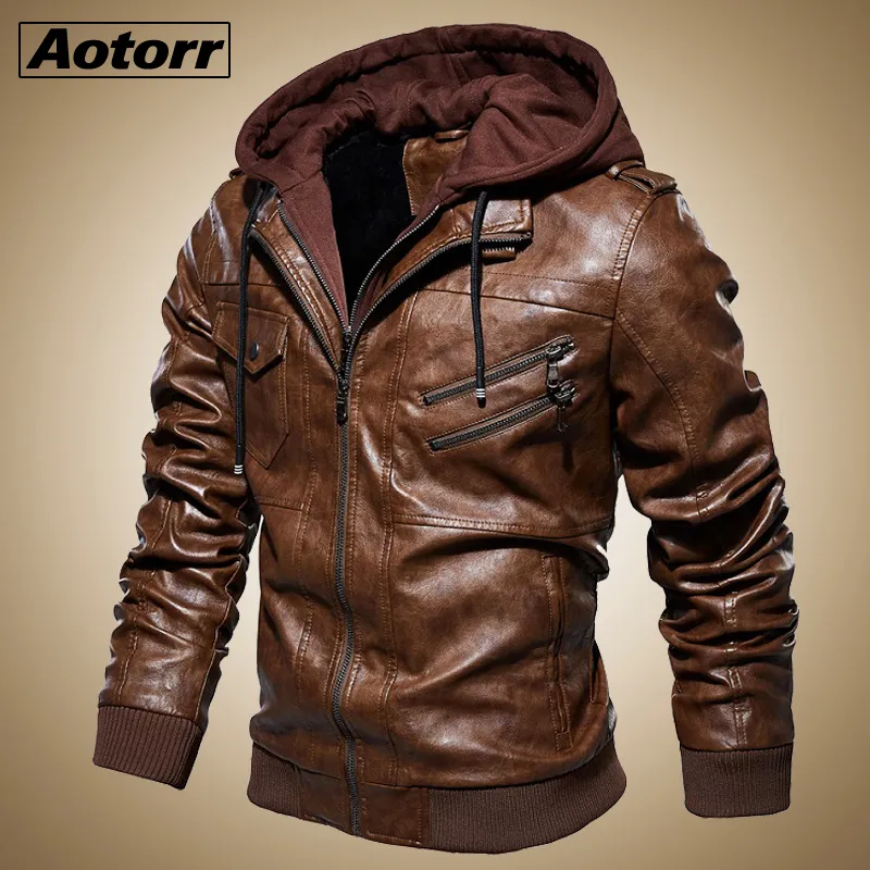 Veste en cuir pour hommes décontracté moto amovible à capuche veste en cuir Pu 2019 nouveau mâle fermeture éclair PU manteau chaud vêtements d'extérieur grande taille