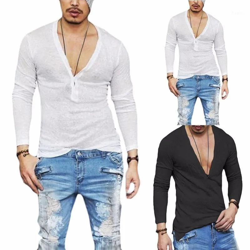 2018 Yeni Tasarım Gevşek Derin V Boyun Erkekler T Gömlek Rahat Erkekler Moda T-shirt Slim Fit Skinny Tshirt Erkek Şık Streetwear Tops Tee1