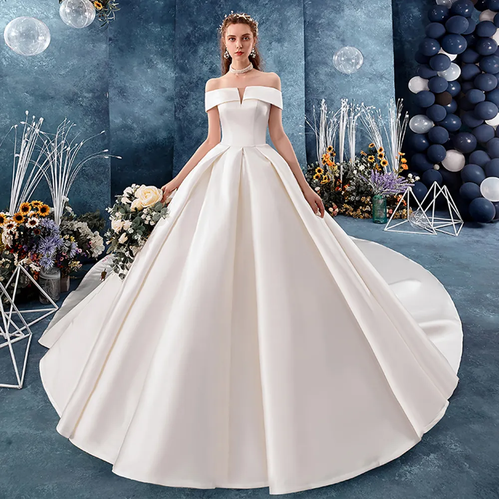 Vestido de noiva elegant bästa satin boll klänning bröllopsklänning 2020 Robe de marie lyx från axel brudklänningar 1,5m bildtåg