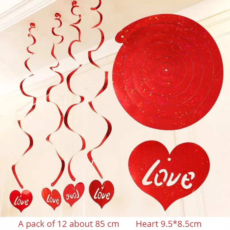 Cyuan 12 adet / grup PVC Aşk Kalp Folyo Asılı Swirls Spiral Süsler Sevgililer Günü Düğün Yıldönümü Partisi Dekorasyon Malzemeleri
