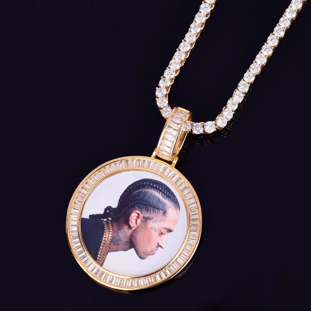 Medallones Po personalizados, collar redondo, colgante con marco Po con cadena de tenis de diamantes, hielo dorado, Rock Street, Hip hop para hombres J286P