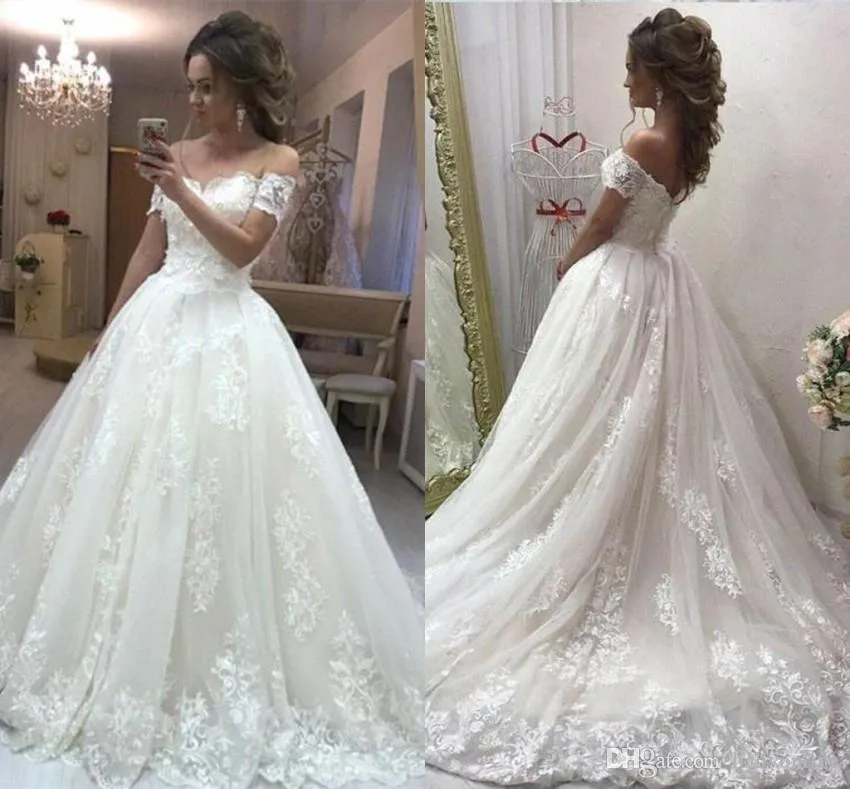 Новый дизайн современный элегантный кружевные платья короткие рукава с плеч Applique Длина пола свадебное платья свадебные платья Vestidos