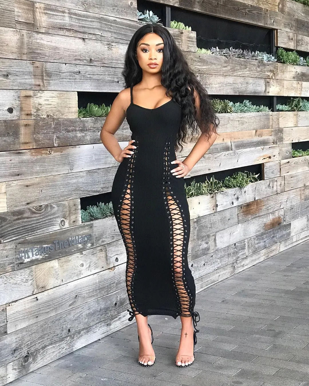 Black Cotton Bodycon Dress Spaghetti Straps V Neck Side Lace Up Eyelets Midi Cocktail Party Dress for Women