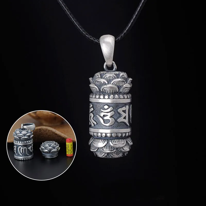 S990 Sterling Silver Six Works Bouddhisme Bijoux Surangama Mantra Médaillon Pendentif Collier Rétro Hommes Proverbes GaWu Boîte Lotus Ouvrable Boîte De Rangement