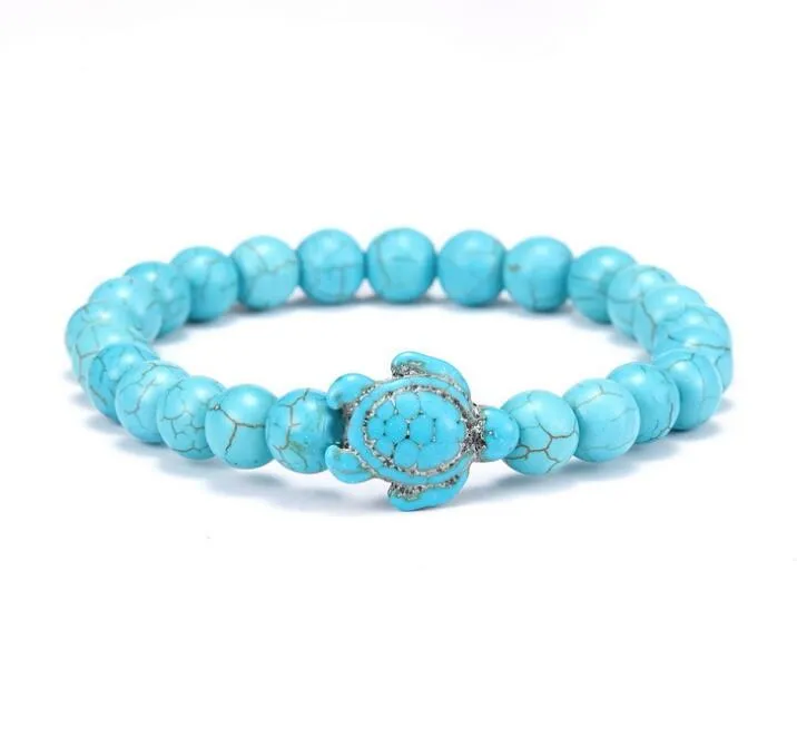 Pulsera de tortuga turquesa Pulsera de piedra volcánica Pulsera de tortuga elástica para hombres y mujeres WY538