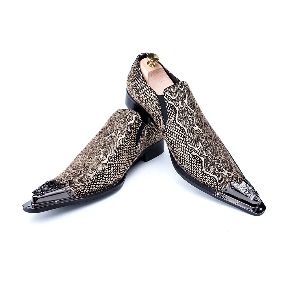 Italian Fashion Snakeskin Printing Men Dress male paty prom shoes Business Genuine Leather Brown Wedding Formal Shoes Large Size