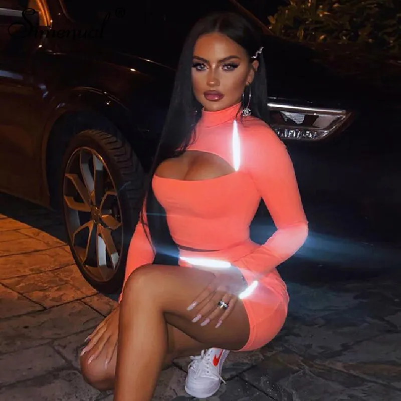 Simenual Sporty Reflective Striped Matching Set Women Cut Out Fashion Fitness 2 Piece Outfit Long Sleeve Crop Top And Skirt Sets