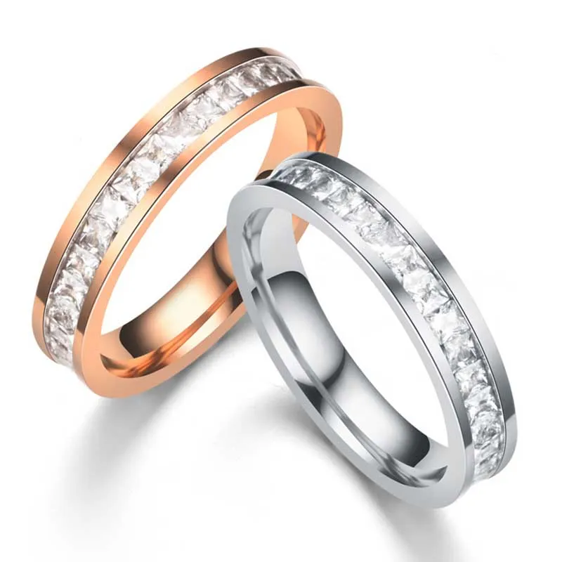 Кристаллическое розовое золото кольца кольца из нержавеющей стали. Квадратная бриллиантовая кольцо пара свадебные украшения воля и песчаные ювелирные изделия