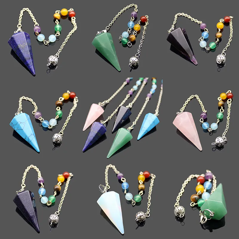 7 Chakra Natural Stone Pendant Healing Crystal Quartz Gemstone Rock Hexagonal Pointed Reiki Pendants Dowsing Pendulum Balance Meditation Jewelry