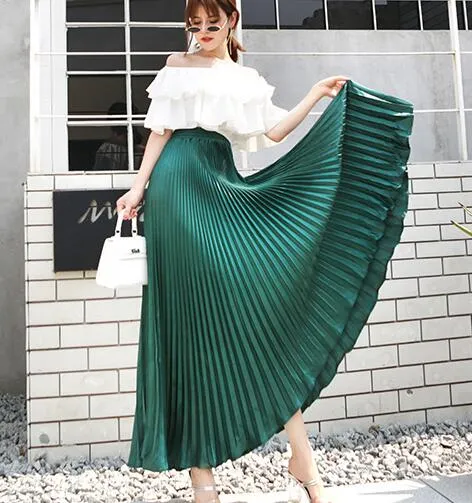 새로운 여성의 높은 허리 탄성 허리 금속 금속 컬러 글로시 패브릭 Shinny Pleated Maxi Long Mermaid 큰 팽창 치마 플러스 크기 S m l