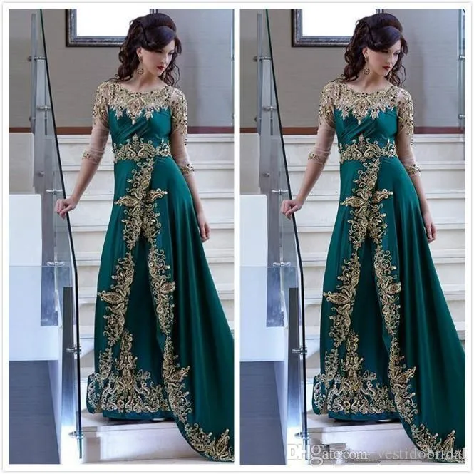 Elie Saab Abiti arabi Abito da sera per feste 2018 Applique in pizzo Raso A Line Verde smeraldo Africa Prom Abiti da cerimonia Maniche lunghe a 3/4