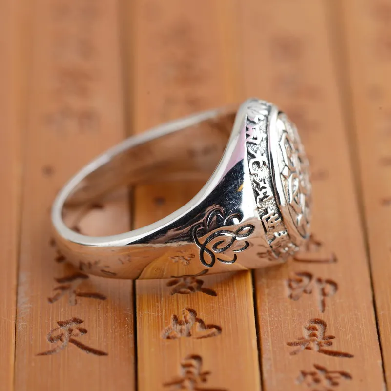 Real 925 Sterling Silver Jewelry Buddhistic Six Words' Mantra Being Old Style Rings for Women Men Gift SY20992
