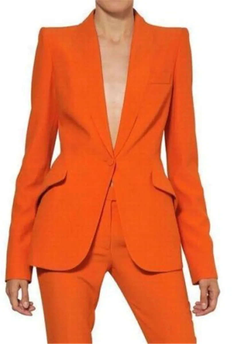 Bespoke Orange Womens Pant Suits Ladies Business Office Slant Pockets