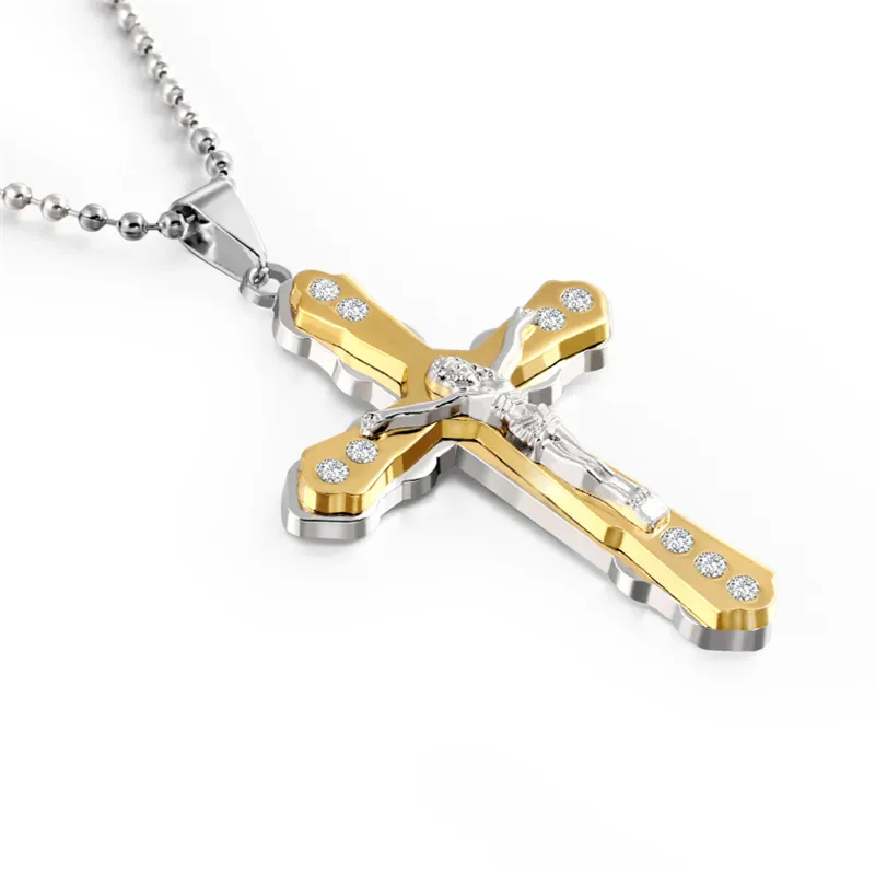 Mens Jesus Piece Pendant Halsband Present Gift Titanium Steel Cross Design Halsband Smycken med 24 tum Silver Ball Chain