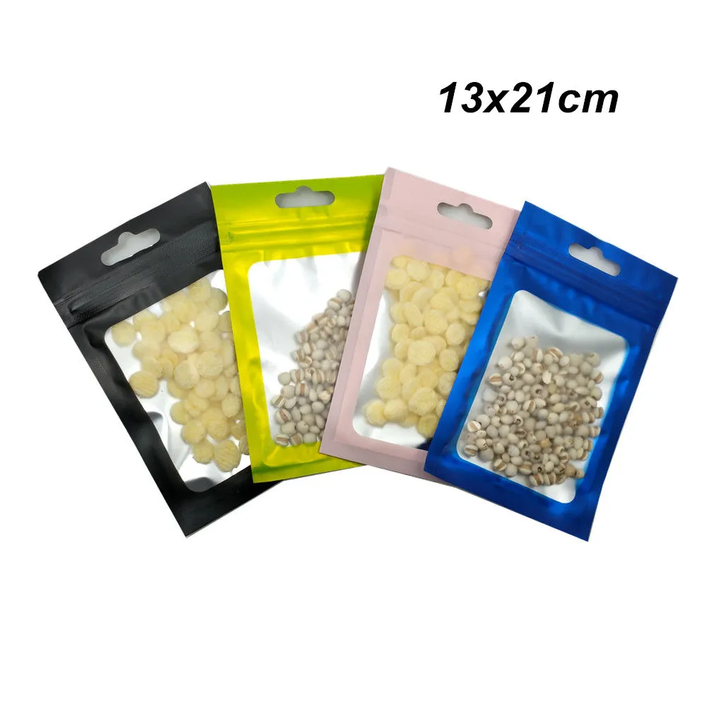 100 Unids / lote 13x21cm 4 Colores Mate Plástico Aluminio Cremallera Bolsa de Embalaje Flor Seca Nueces Bolsa de Almacenamiento Supermercado Mylar Foil Bolsa con Agujero para Colgar