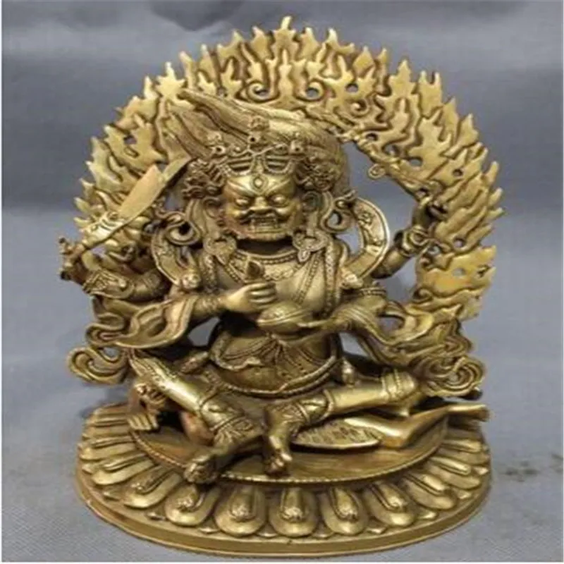 Cobre Bronze Chinês Artesanato Asiático 9 "Elaborate Tibet Budismo Braço Vajra 4 braços Mahakala Buddha Joss Jambhala Estátua