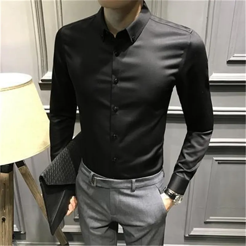 Långärmad formell skjortor för män Solid Slim Casual Basic Tenn-down Collar Business Dress Shirts Korean Camisas Masculina