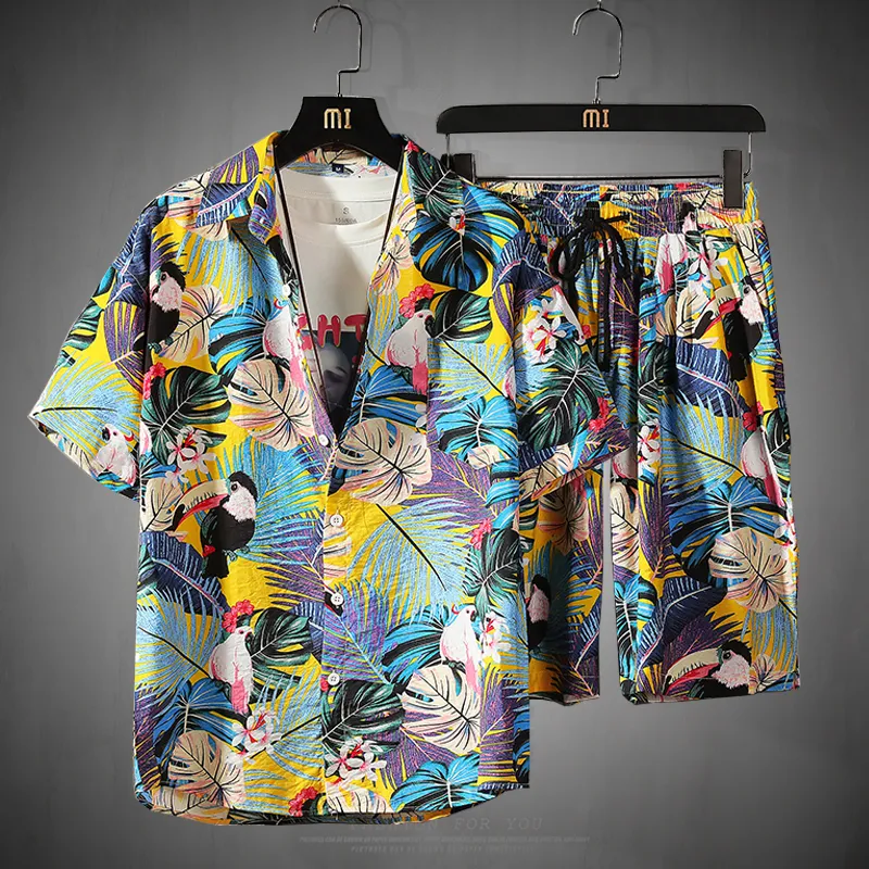 Erkek Set Kısa Kollu Hawaiian Gömlek Ve Şort Yaz Rahat Çiçek Gömlek Plaj Iki Parçalı Suit 2020 Yeni Moda Erkekler Setleri S-5XL CX200609