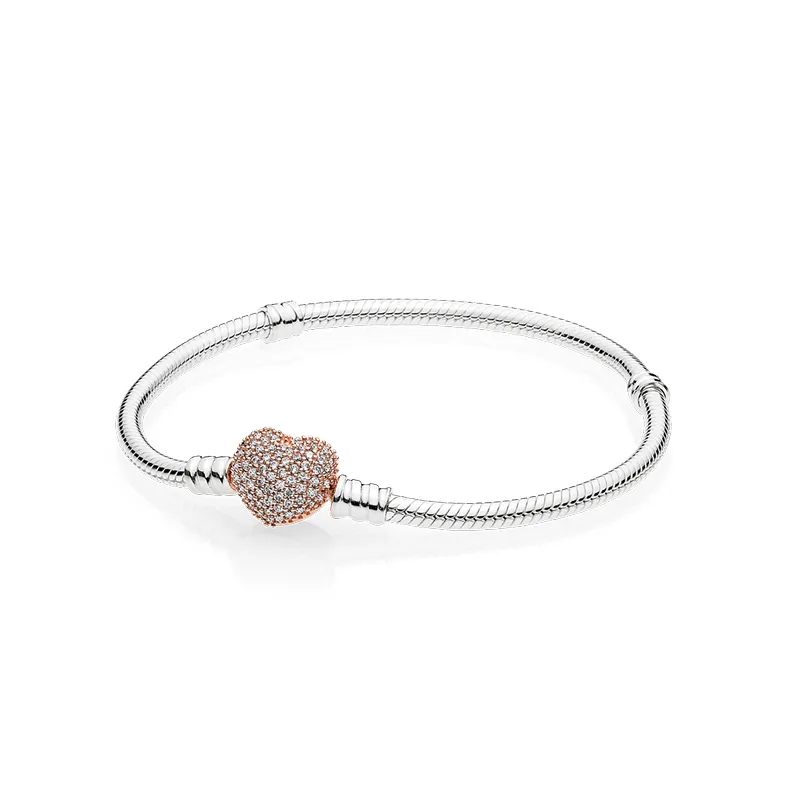 18K roséguld CZ Diamond Pave Heart Spänne Armband Original Box för Pandora 925 Sterling Silver Kvinnor Bröllopspresent Charm Armband Set