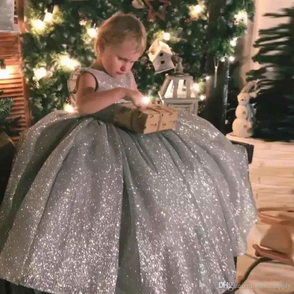 Sparkly Lovely Sliver Sequined Ball Gown Flower Girl Dresses For Wedding O-Neck with Bow Little Girls Birthday Party Dress Floor Length