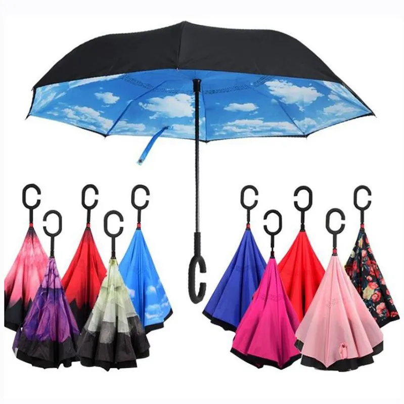 C-Hand Reverse Umbrellas Windproof Reverse Double Layer Inverted Umbrella Inside Out Self Stand Windproof Umbrella 40 styles EEA1680