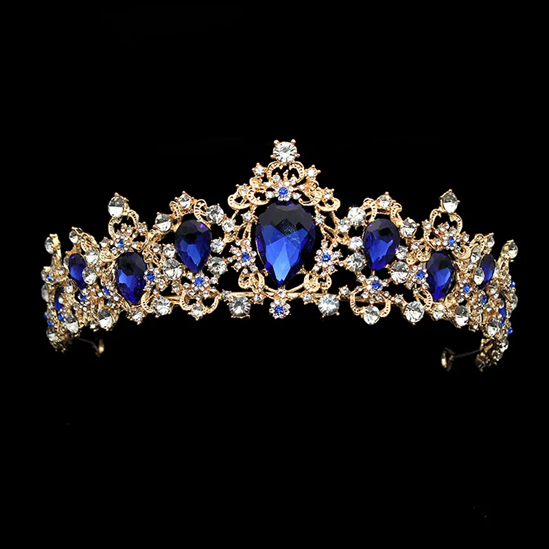 Large Luxury Fashion Crystal Wedding Bridal Tiara Diamante Royal Blue Crown Pageant Prom Hair
