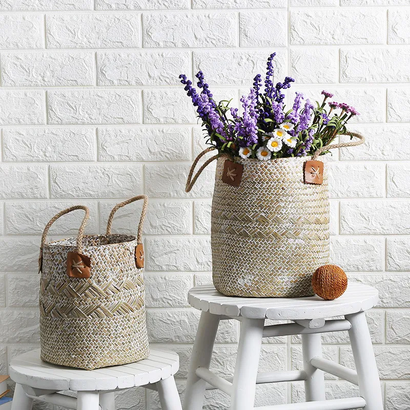 Panier de fleurs en paille d'algues, rangement de tissage en rotin tissé, vase de jardin de maison, organisateurs de décoration faits à la main avec poignée