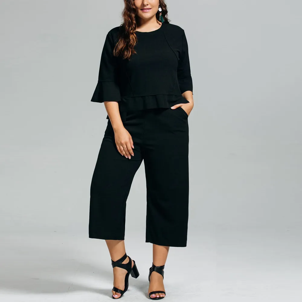 Plus Size 4XL Women's Sets Solid Black Loose Casual Women 2 Peices Set Ruffles Blouse Wide Leg Capri Pants Female Suits