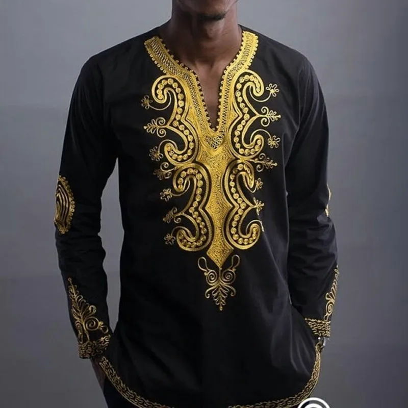 Baibazin Африканская одежда Африканский Дашики Национальный стиль печатания V-образным вырезом с длинным рукавом футболка мужская рубашка плюс размер