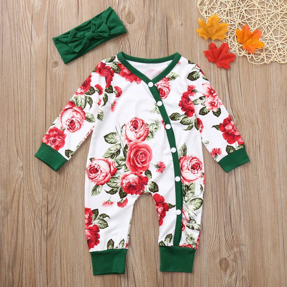 Yenidoğan Bebek Kız giyim seti 2 Adet Çiçekler Baskı Romper + Kafa Çocuklar Kış Giysileri toddler kız giyim roupas menin