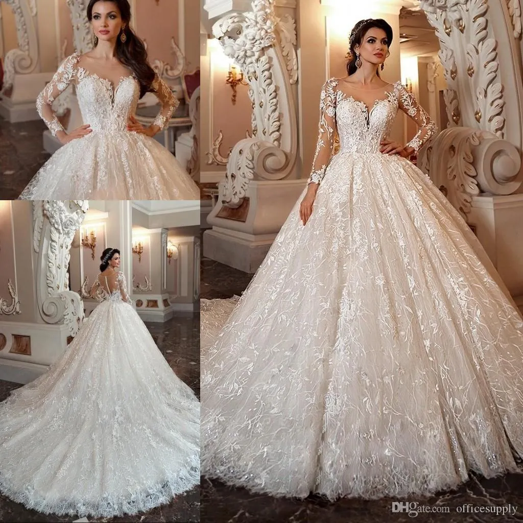 Gorgeous Amazing Appliques Ball Gown Wedding Dress Sexig Scoop Neck Långärmad Lace Beaded Princess Chapel Train Bride Gowns Vestidos